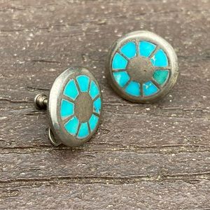 Vintage Native American Zuni Turquoise Inlay Sterling Silver Screwback Earrings